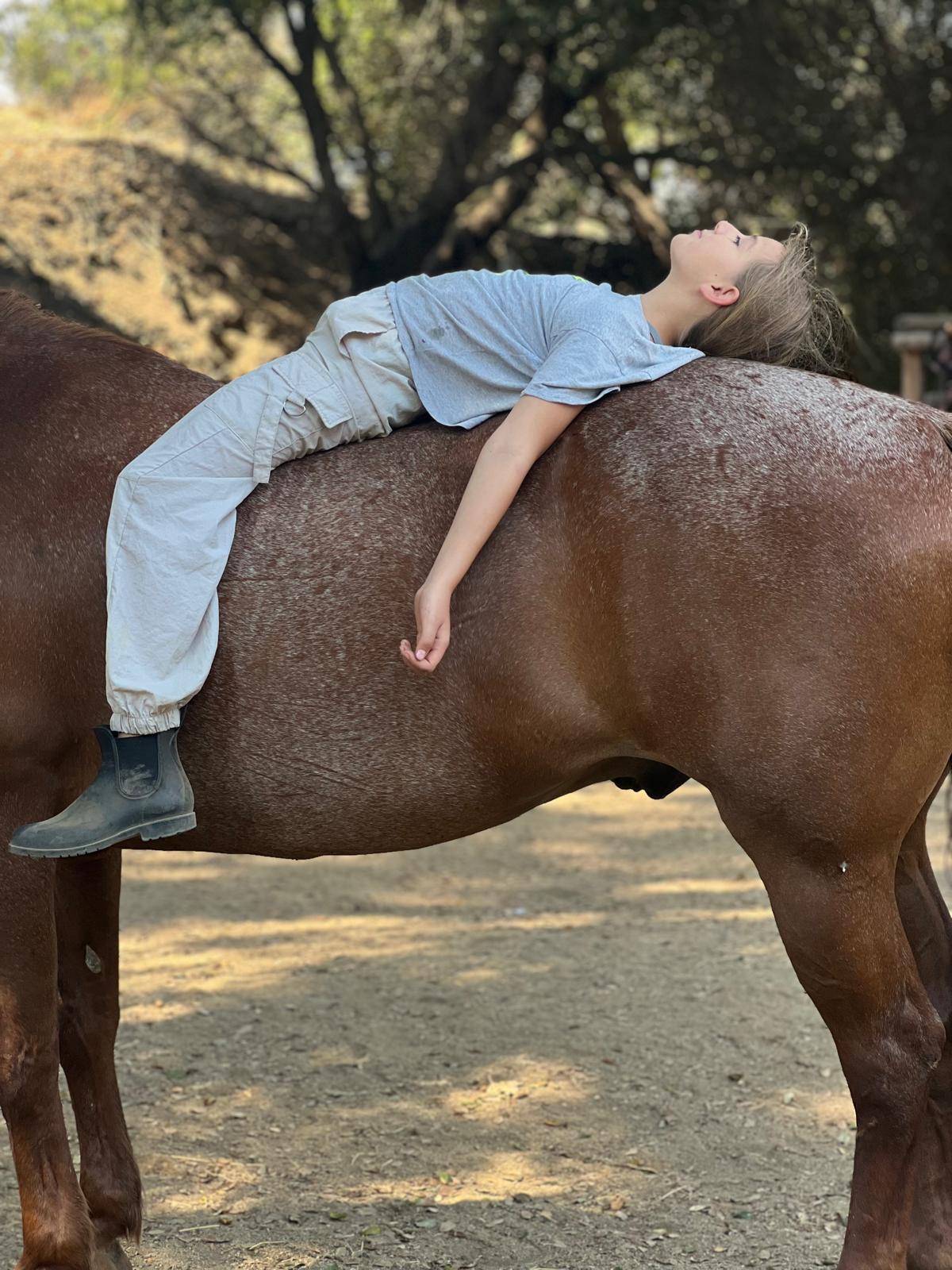 Niño recostado en el caballo en Heart Horse